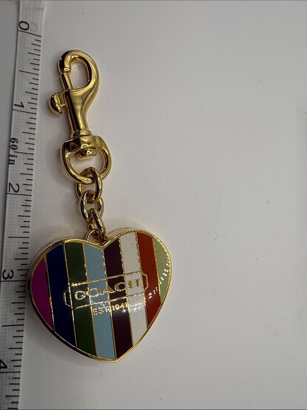 COACH Multicolor Legacy Striped Heart Bag/Key Charm with Gold Hardware